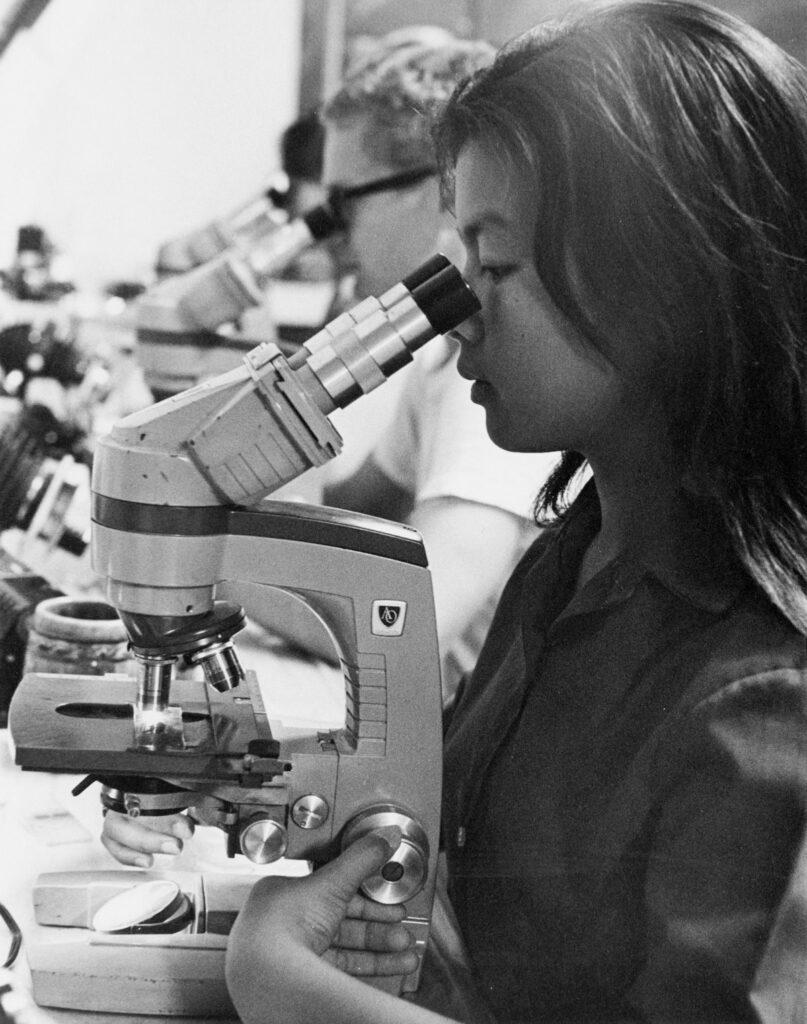 Researcher examining a sample at a microscope