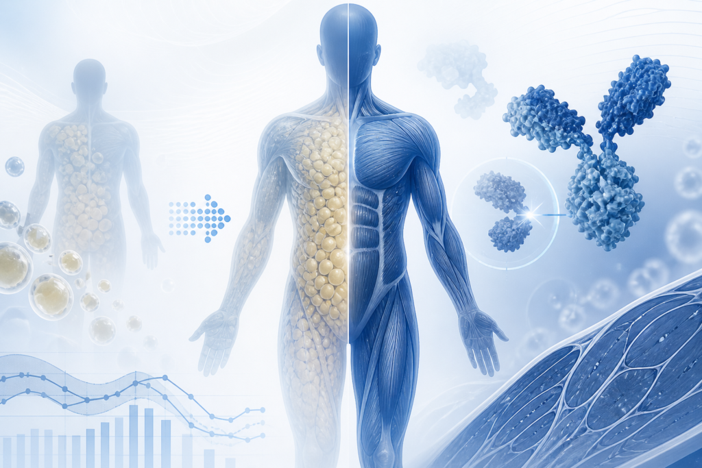 Illustration of apitegromab research focused on preserving lean mass during tirzepatide-associated weight loss