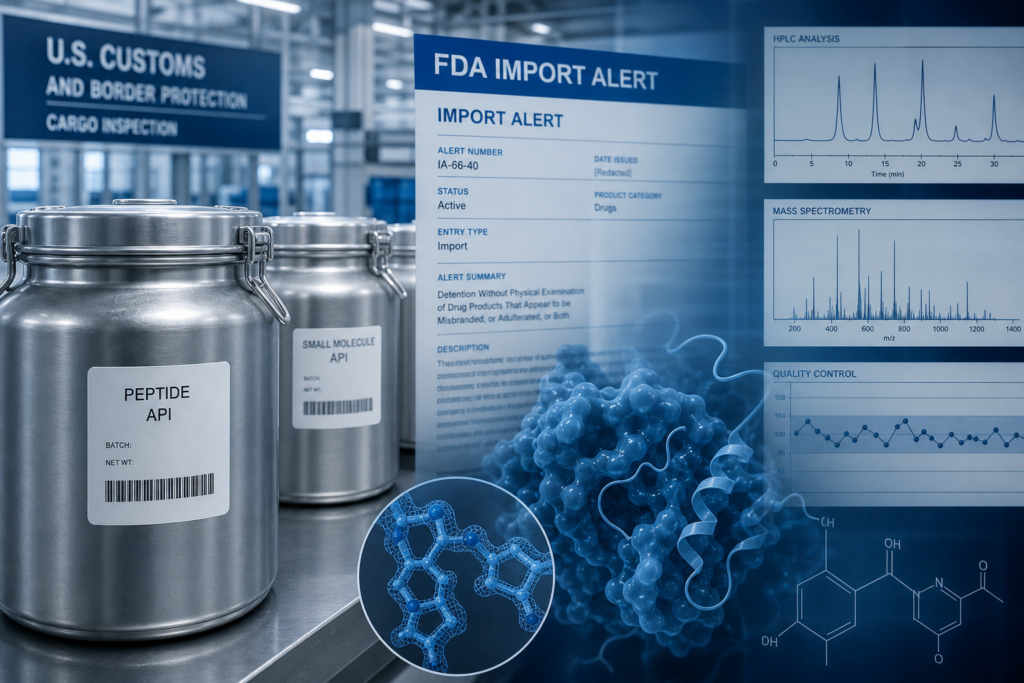 FDA GLP-1 import alert and pharmaceutical API quality-control illustration