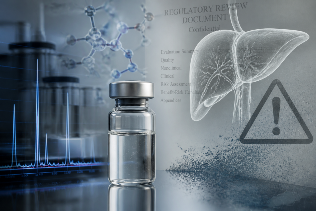 Counterfeit retatrutide vial beside a liver injury warning and laboratory testing results