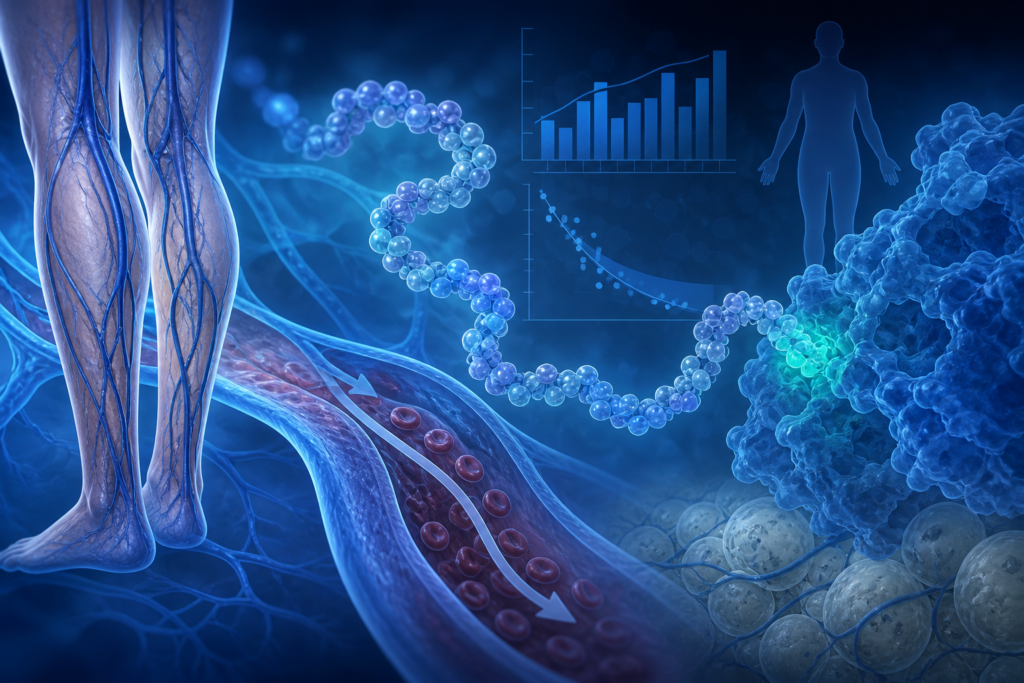 Scientific illustration of GLP-1 research and chronic venous insufficiency involving blood clots, ulcers, and vascular outcomes
