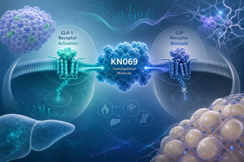 Scientific illustration explaining the KN069 GLP-1 agonist and GIP antagonist mechanism