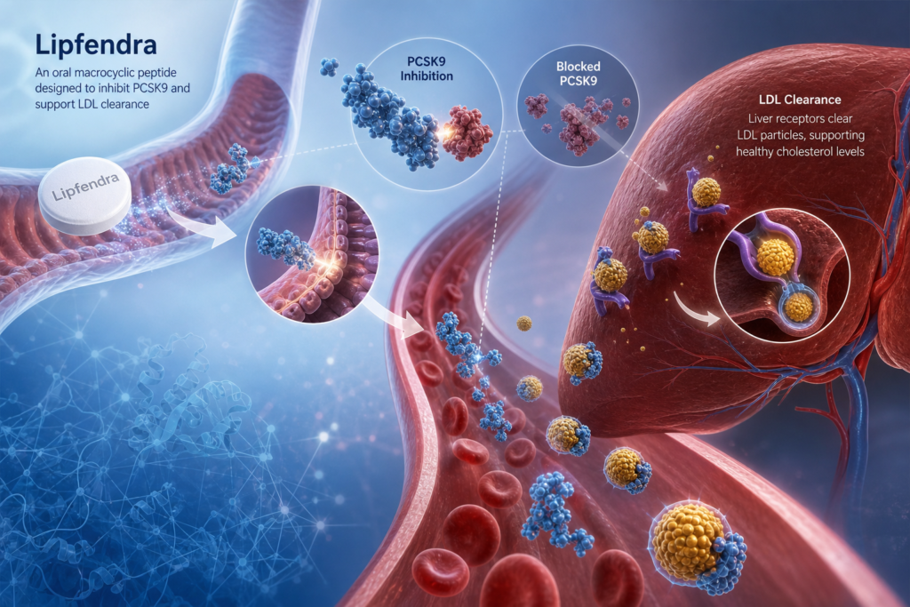 Scientific illustration showing oral enlicitide blocking PCSK9 and helping liver receptors clear LDL cholesterol