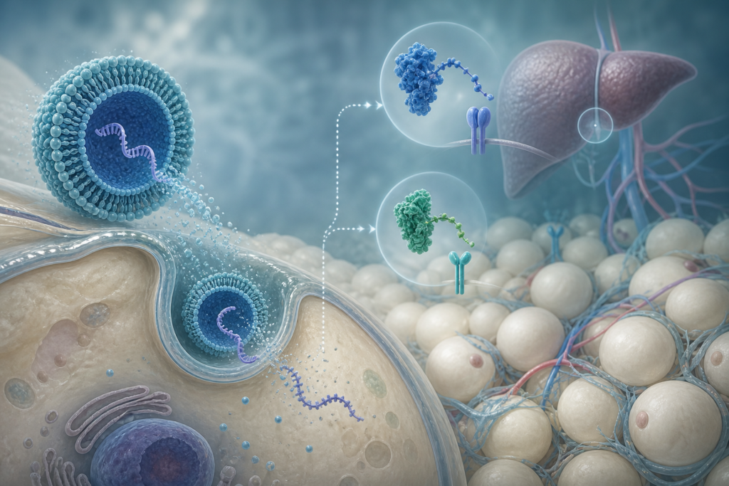 Illustration of mRNA lipid nanoparticles delivering GLP-1 and FGF21 instructions to adipose tissue