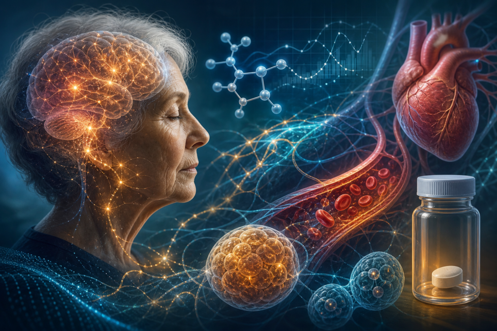 Scientific illustration of oral semaglutide research connecting metabolic health, heart function, and cognitive impairment risk