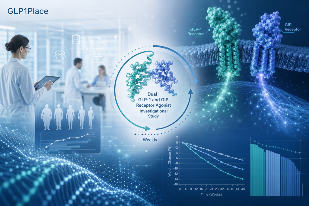 Scientific illustration representing the ribupatide HRS9531 first-in-human clinical trial