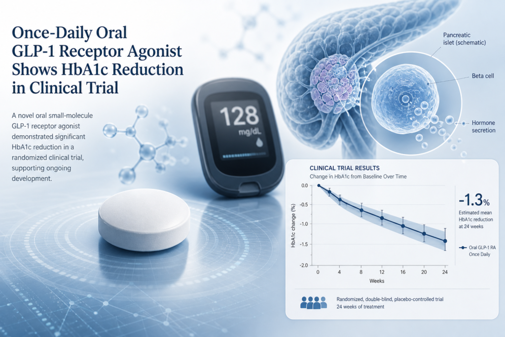 Scientific illustration representing the safiglipron phase 3 trial and oral GLP-1 research
