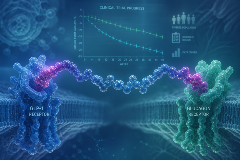 Scientific illustration representing survodutide dual GLP-1 and glucagon receptor signaling in a phase 3 obesity trial