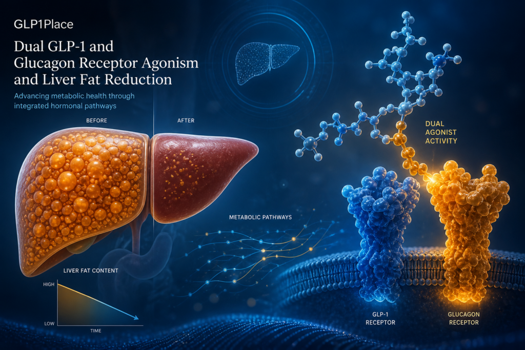 Scientific illustration representing survodutide research and liver-fat reduction in MASLD