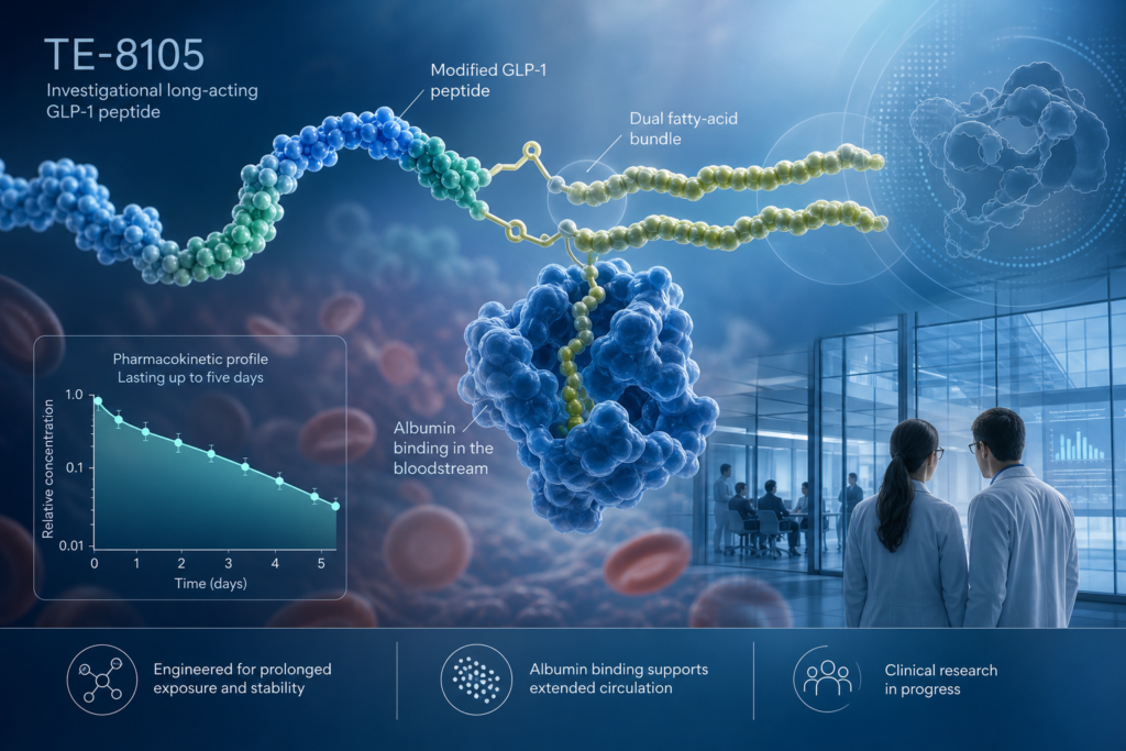Scientific illustration explaining TE-8105 long-acting GLP-1 design, albumin binding, and extended half-life