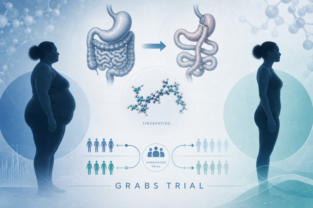 Medical illustration explaining the GRABS trial of tirzepatide after Roux-en-Y gastric bypass