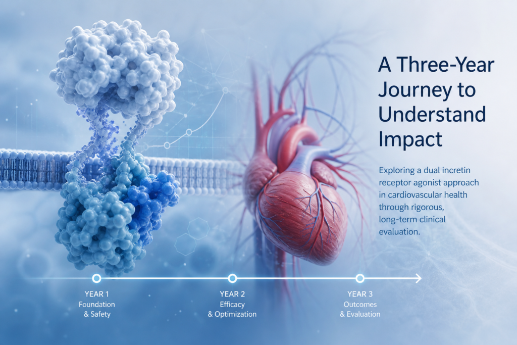 Illustration representing tirzepatide cardiovascular risk research and the three-year SURMOUNT-1 analysis