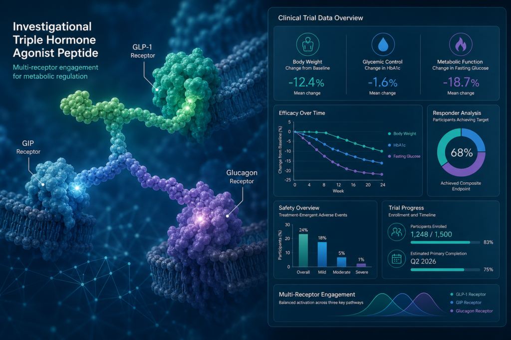Illustration of UBT251 triple agonist research targeting GLP-1, GIP, and glucagon receptors
