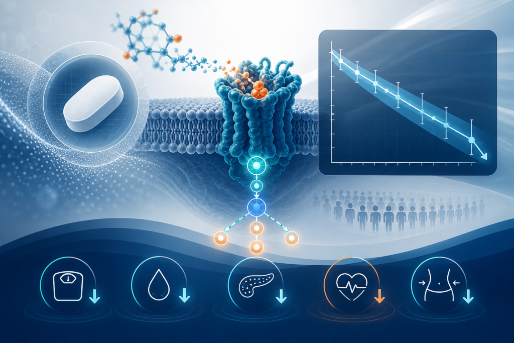 Editorial illustration of the VCT220 oral GLP-1 phase 2 obesity trial and its dose-dependent weight-loss findings