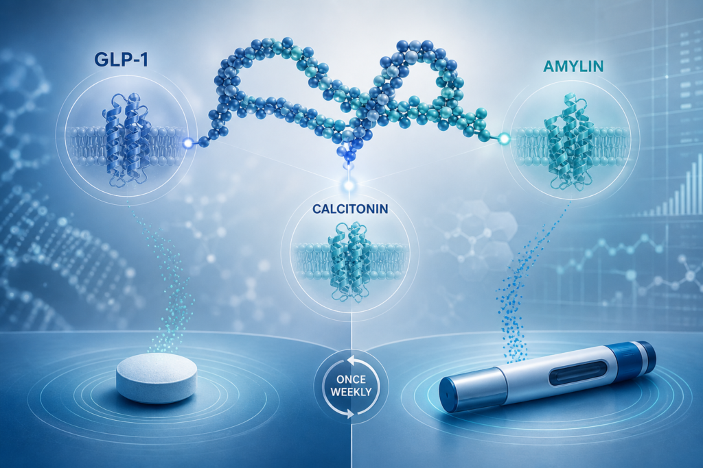 Scientific illustration of zenagamtide phase 2 research showing oral and weekly formulations connected to GLP-1, amylin, and calcitonin-receptor-related pathways