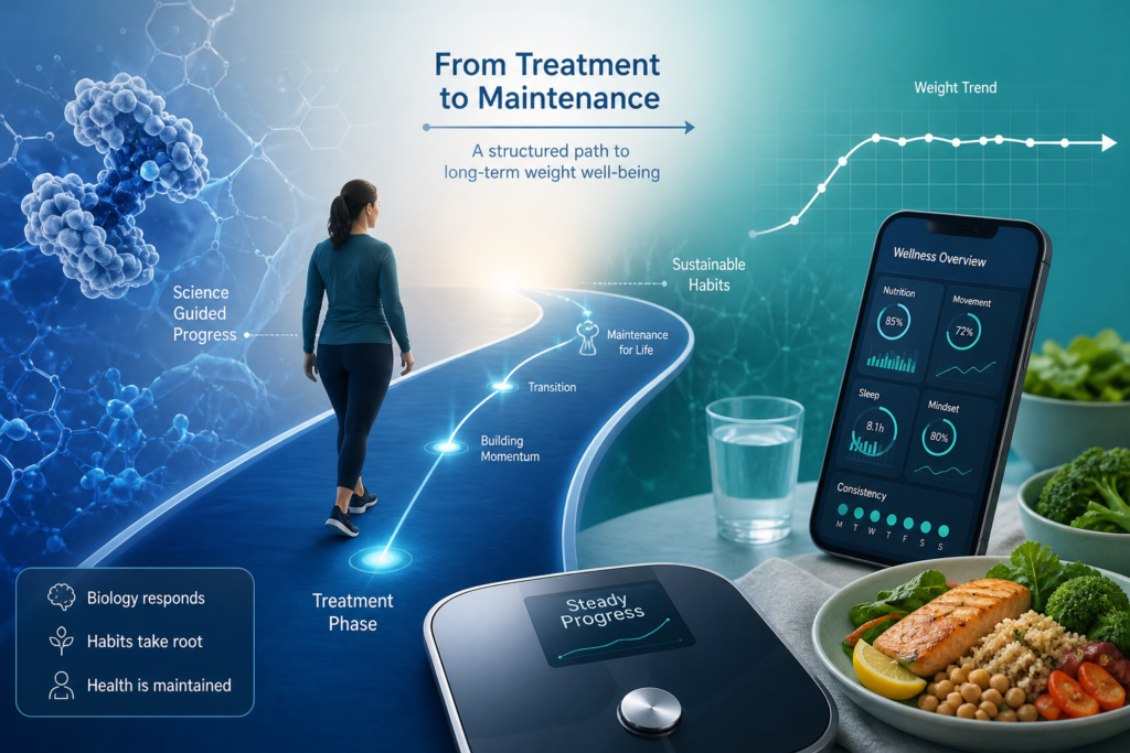 Research illustration of weight maintenance support after stopping GLP-1 therapy