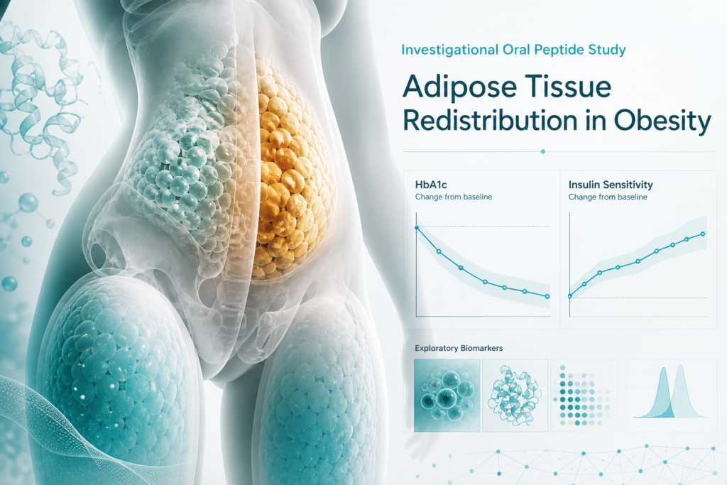 Scientific illustration showing Pep19 research on abdominal fat distribution and insulin sensitivity
