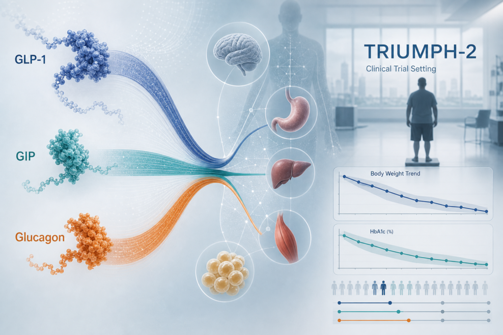 Medical illustration of retatrutide triple receptor signaling and TRIUMPH-2 weight and HbA1c results