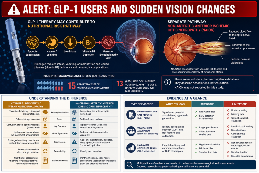 Alert graphic explaining vitamin B1 deficiency, Wernicke encephalopathy, NAION, and vision concerns in GLP-1 users